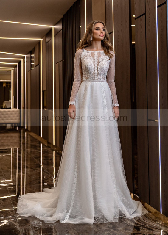 Long Sleeves Ivory Lace Bohemian Spotted Wedding Dress